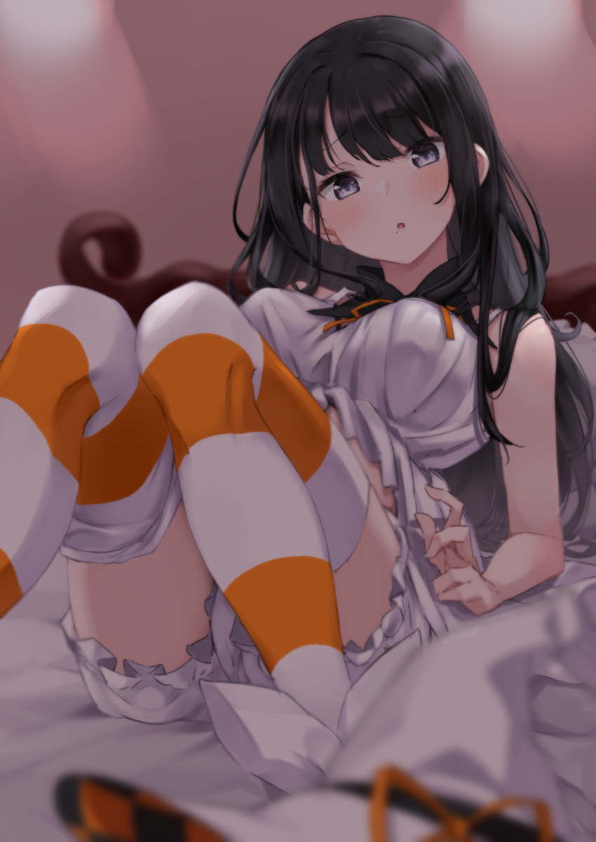 1girl, absurdres, bed, black_hair, bloomers, blurry, blurry_background, blurry_foreground
