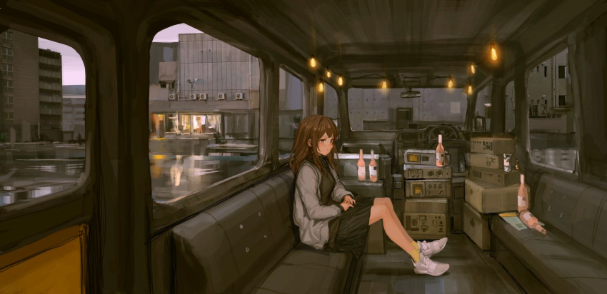 1girl, air_conditioner, bangs, beer_bottle, black_skirt, bottle, brown_eyes, brown_hair