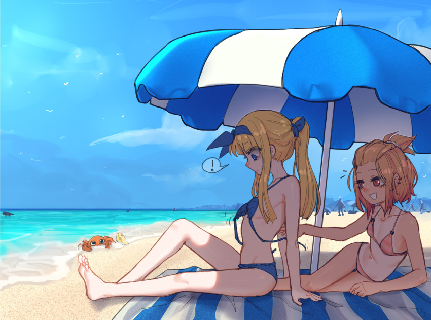 !, 2girls, :d, absurdres, beach, beach_towel, beach_umbrella, bikini