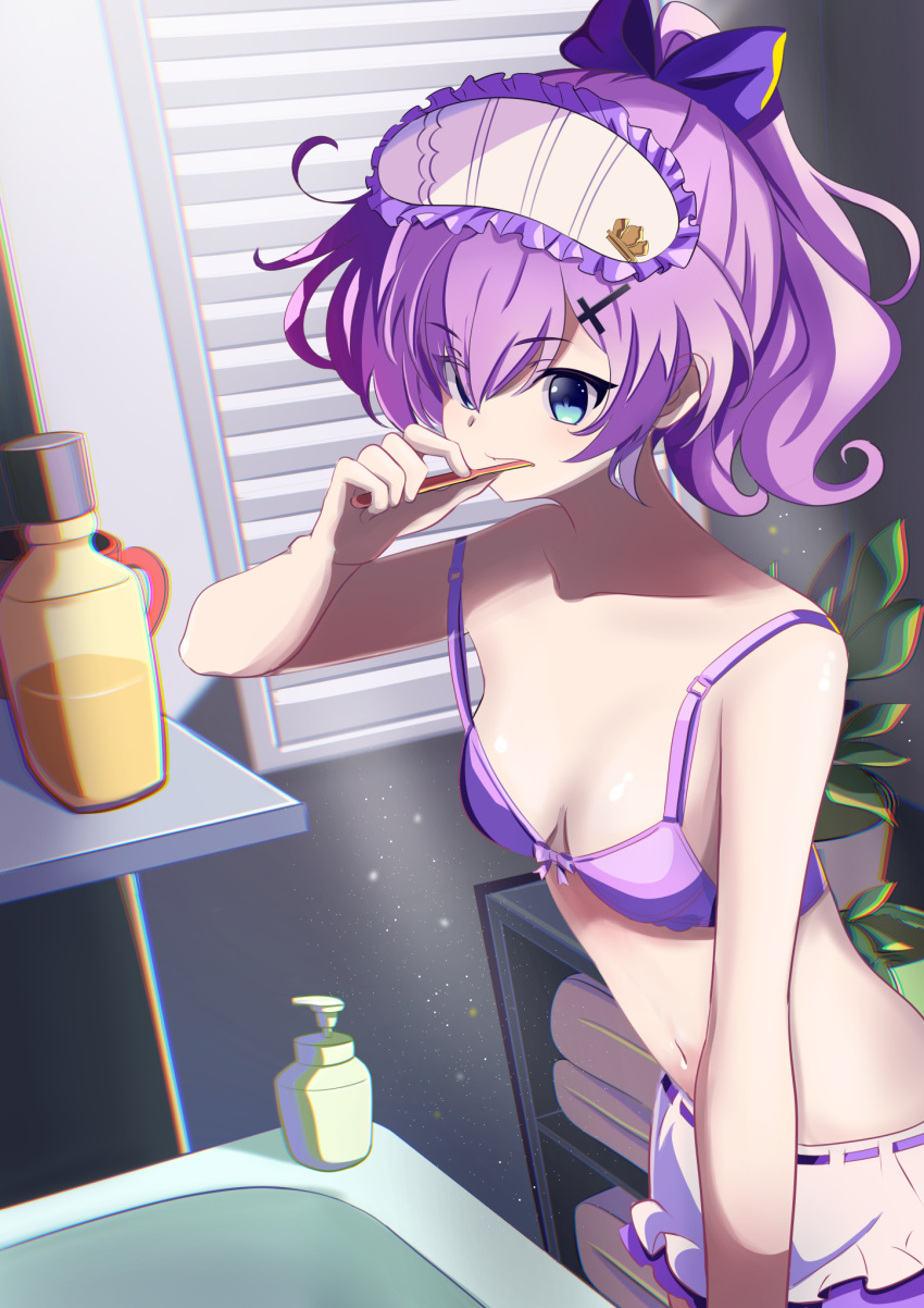 1girl, azur_lane, blue_eyes, bow, bra, breasts, brushing_teeth, chromatic_aberration