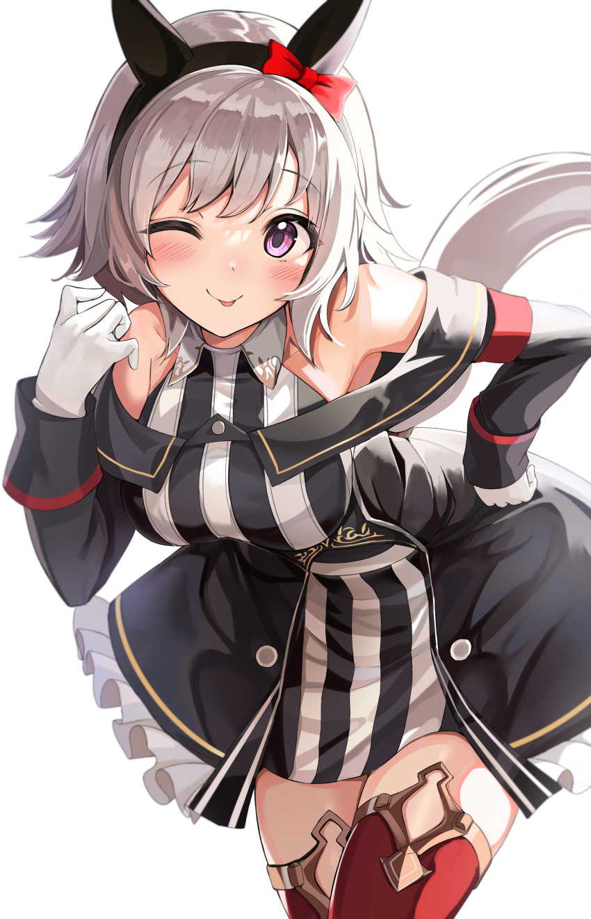 1girl, ;p, absurdres, animal_ears, bare_shoulders, blush, bow, breasts