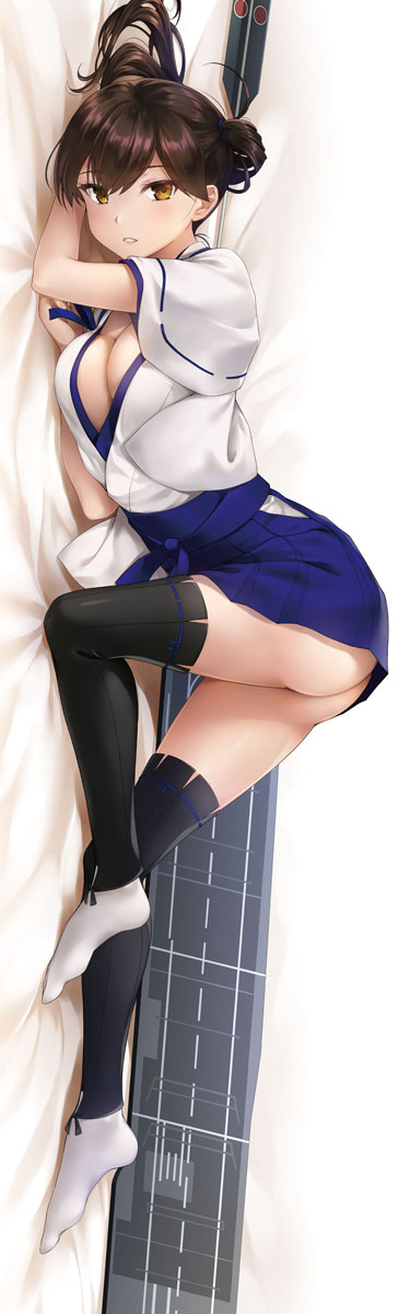 1girl, arrow_(projectile), ass, blue_hakama, breasts, brown_eyes, brown_hair, dakimakura_(medium)