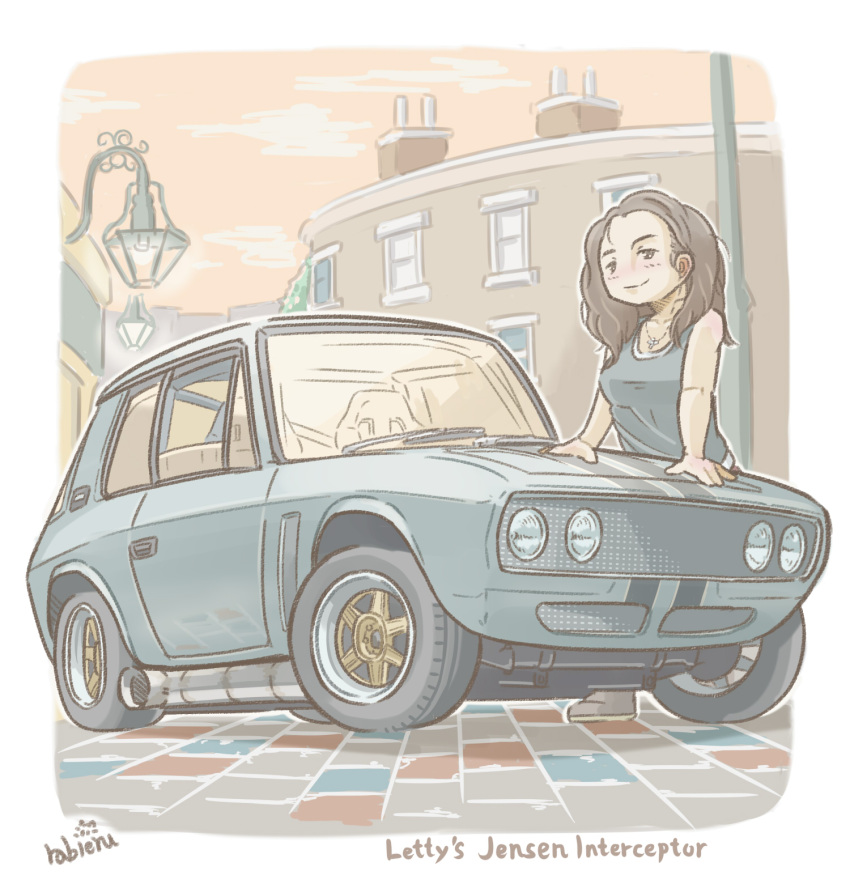 1girl, artist_name, breasts, brown_eyes, brown_hair, car, character_name, chibi, collarbone, fast_&amp;_furious_6, forehead, ground_vehicle, hair_behind_ear, headlight, highres, jensen_interceptor, jewelry, leaning_forward, letty_ortiz, medium_breasts, motor_vehicle, necklace, rabienu, smile, tank_top, the_fast_and_the_furious, vehicle_focus, vehicle_name
