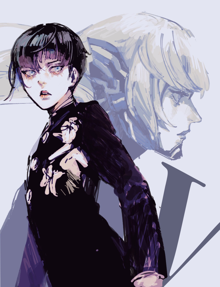 1boy, androgynous, armor, bangs, bodysuit, bowl_cut, collarbone, eyelashes