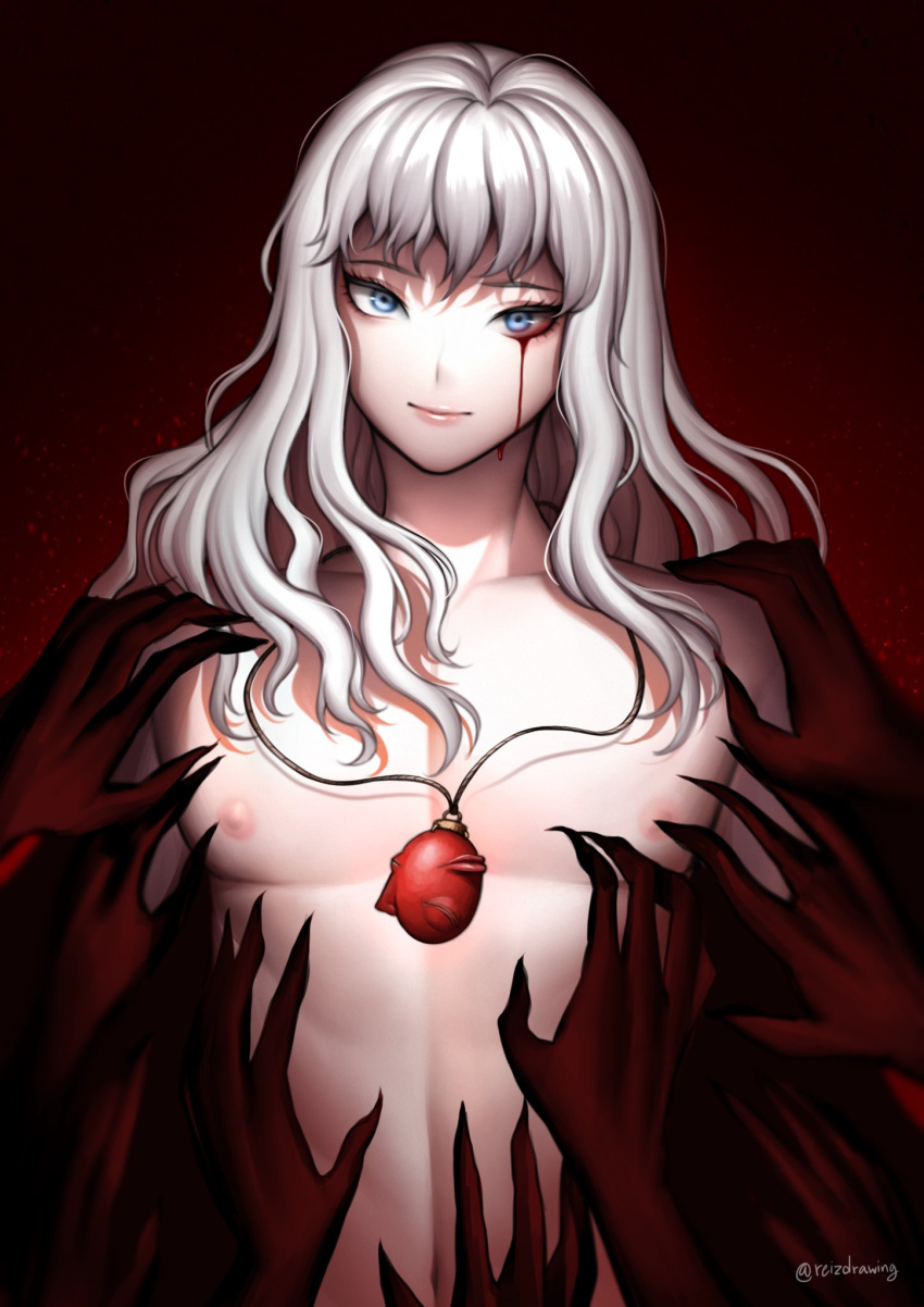 1boy, behelit, berserk, blood, blood_on_face, bloody_tears, blue_eyes, closed_mouth