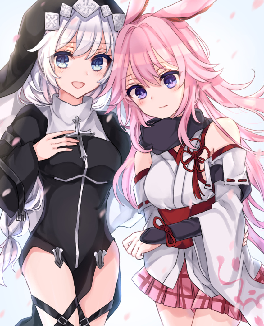 2girls, :d, animal_ears, bangs, bare_shoulders, blue_eyes, braid, braided_ponytail