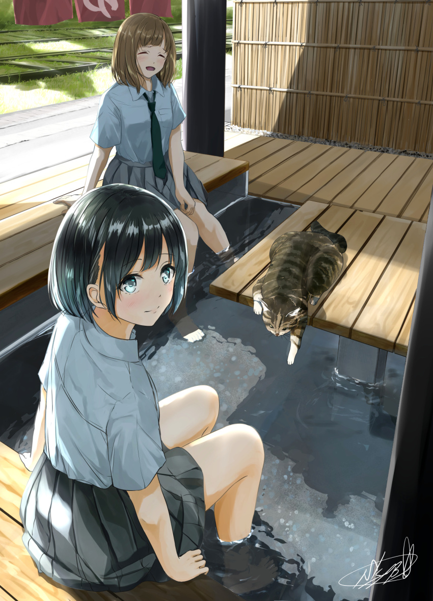 2girls, ashiyu, bamboo_screen, black_hair, black_neckwear, blue_eyes, blue_shirt, blue_skirt