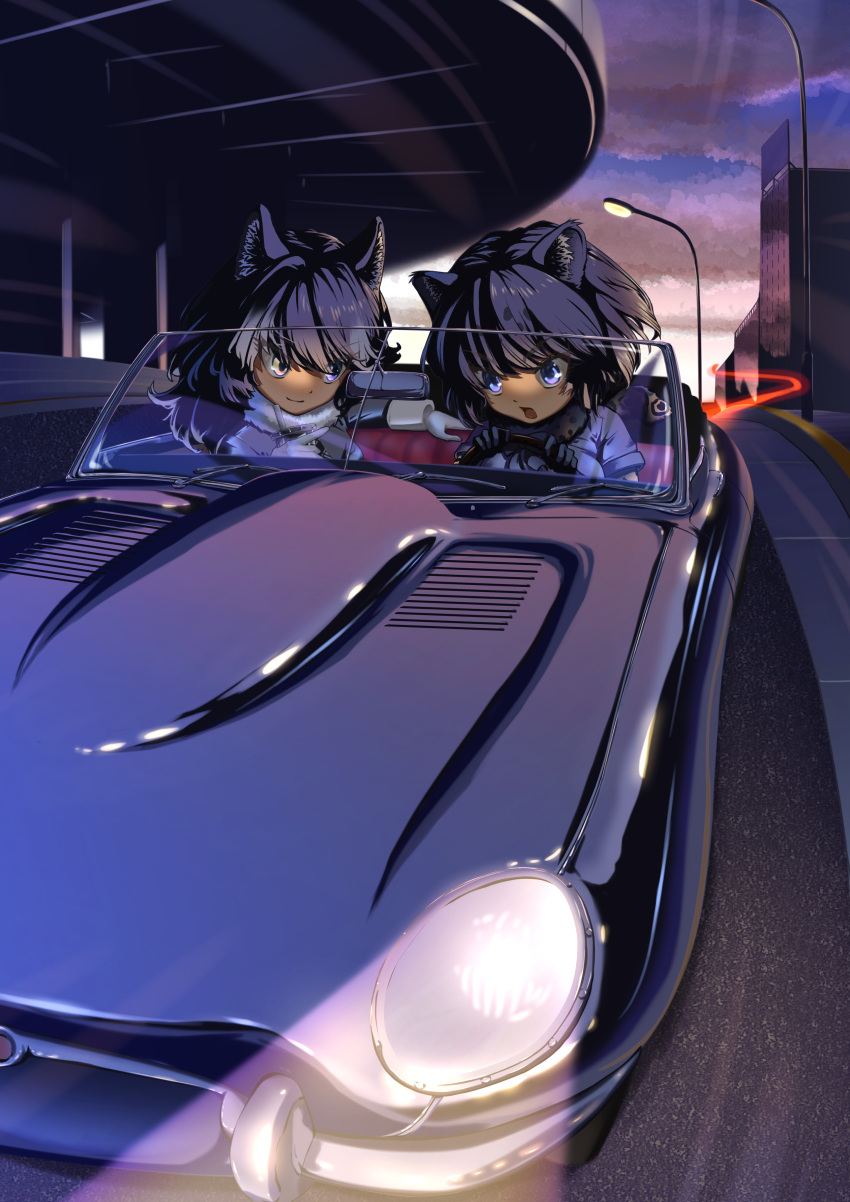 910m27r, absurdres, animal_ears, bangs, black_hair, black_jaguar_(kemono_friends), blue_eyes, car
