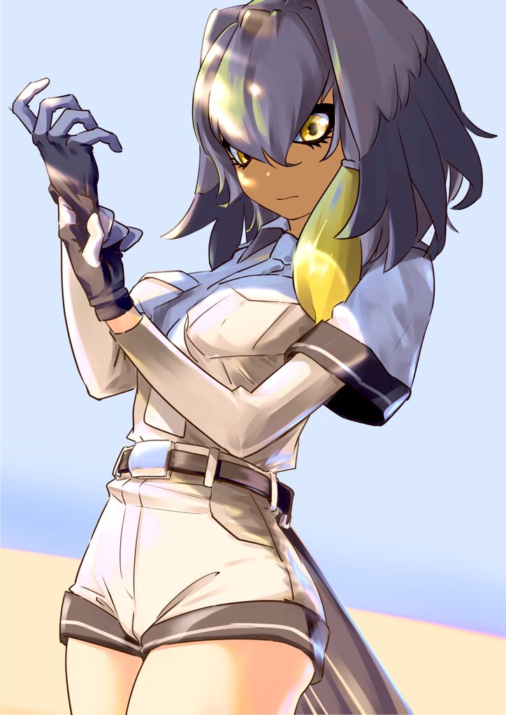 1girl, 910m27r, adjusting_clothes, adjusting_gloves, bangs, belt, bird_tail, black_hair
