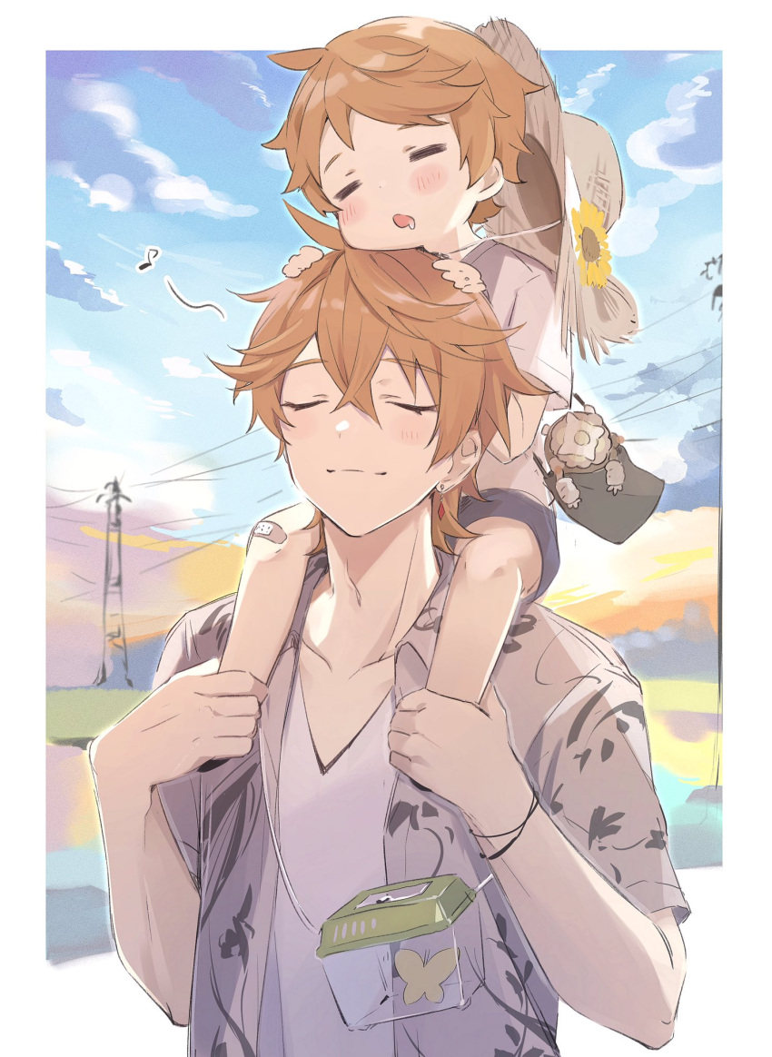 2boys, :o, alternate_costume, bag, bag_charm, bandaid, bandaid_on_knee, bangs