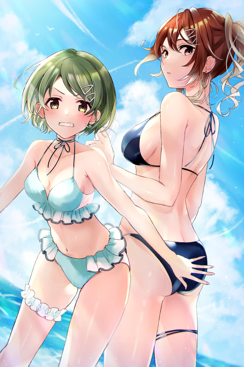 aketa_mikoto, aqua_bikini, ass, bikini, blonde_hair, blue_eyes, blue_sky, breasts