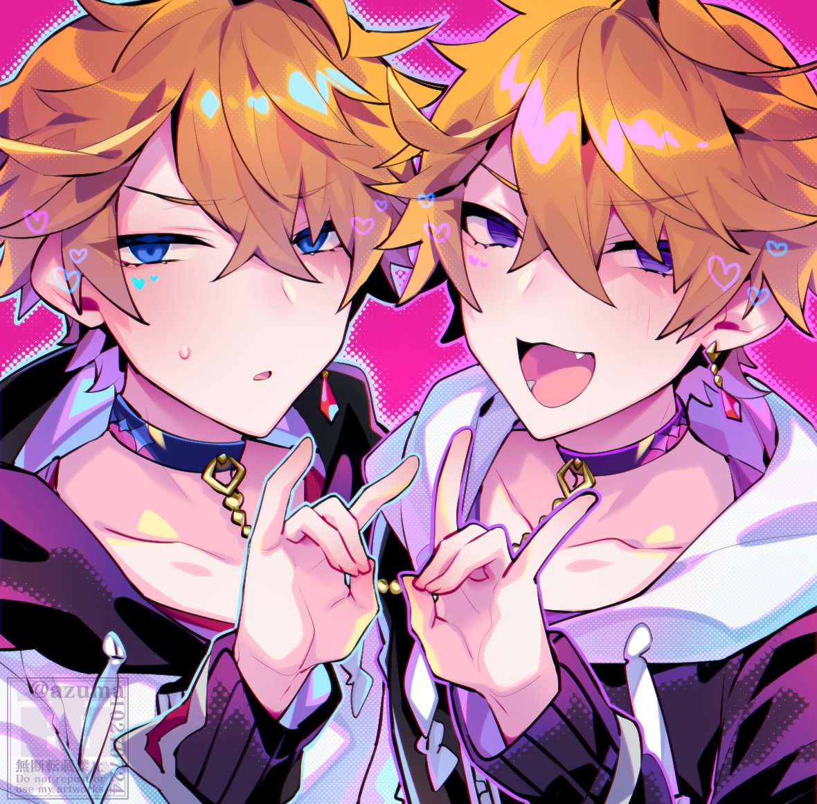 2boys, alternate_costume, azuma_(azuma10270724), bangs, blue_eyes, collar, dual_persona, earrings, eyebrows_visible_through_hair, fang, fox_shadow_puppet, genshin_impact, hair_between_eyes, heart, hood, hood_down, jacket, jewelry, long_sleeves, male_focus, multiple_boys, open_mouth, orange_hair, pink_background, simple_background, single_earring, sweat, tartaglia_(genshin_impact), twitter_username, upper_body, violet_eyes