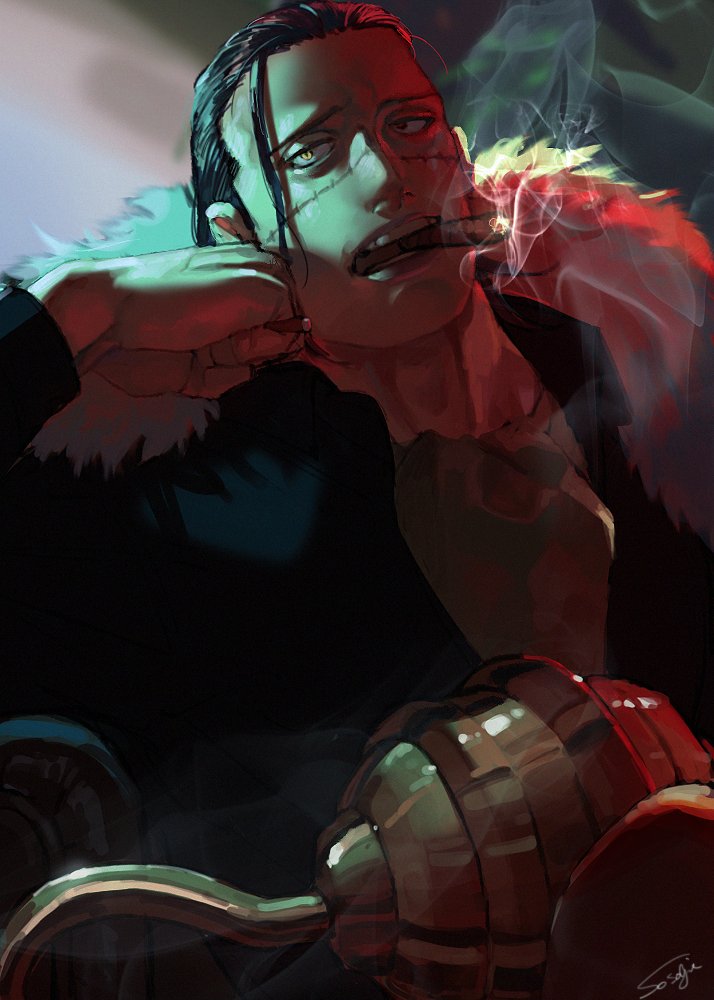 1boy, artist_name, black_hair, cigar, collared_shirt, cravat, dark, fur_trim, hair_slicked_back, hair_strand, head_rest, hook_hand, male_focus, one_piece, scar, scar_on_face, shirt, signature, sir_crocodile, smoke, smoking, solo, sosogi_(qtgejyrkhrng4jk), teeth