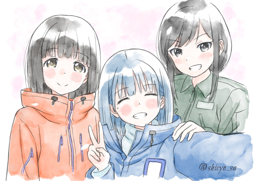 3girls, black_hair, blue_hair, blush, bob_cut, brown_eyes, closed_eyes, eniwa_shii