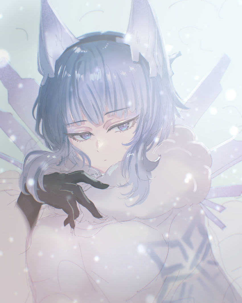 1girl, bangs, black_gloves, blue_eyes, blue_hair, cape, capelet, expressionless, eyebrows_visible_through_hair, feh_xeri, fire_emblem, fire_emblem_heroes, fur_trim, gloves, hair_ornament, highres, nifl_(fire_emblem), short_hair, snow, solo, upper_body