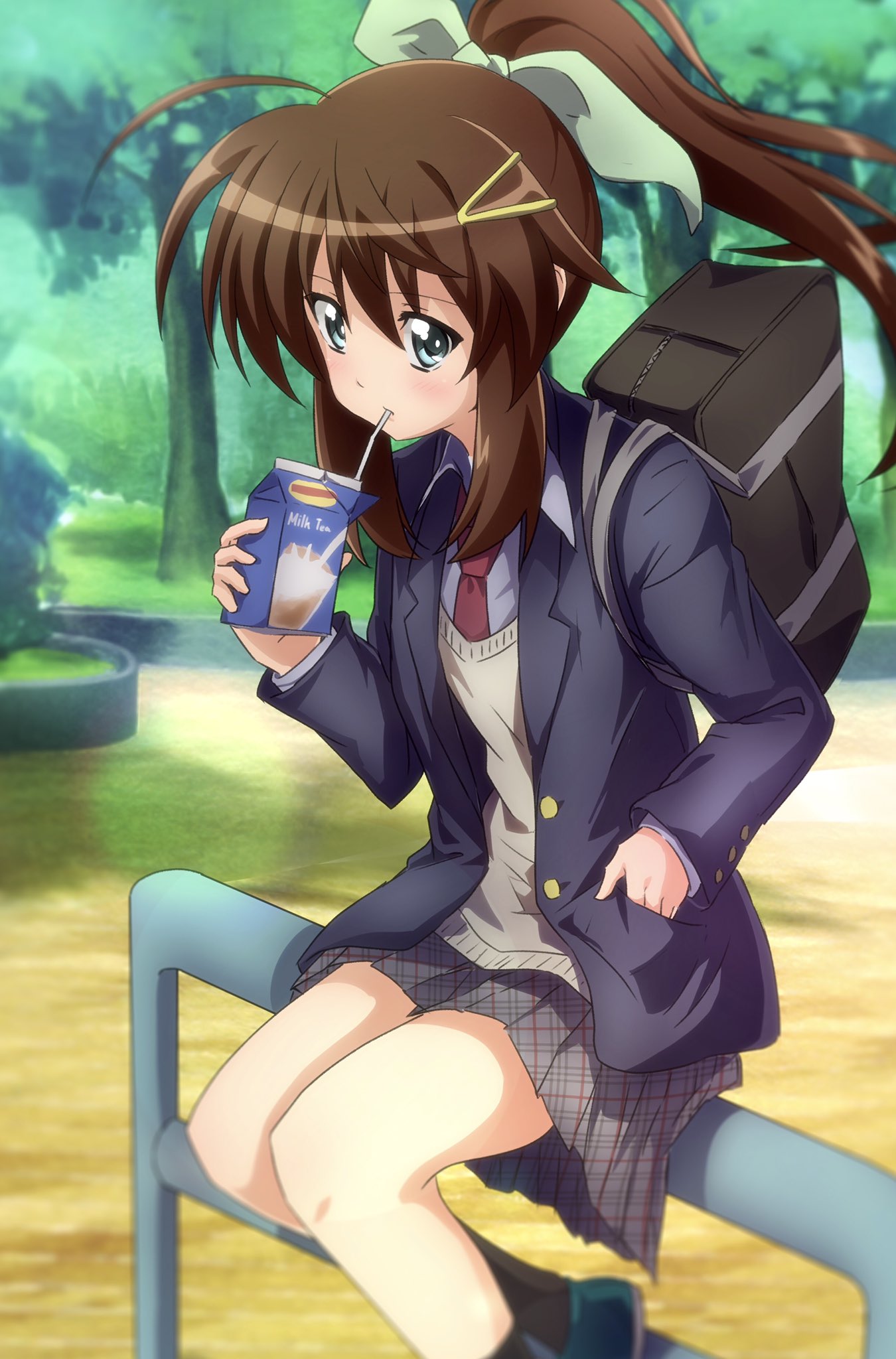 1girl, alternate_costume, bag, bangs, black_legwear, blazer, blue_footwear, blue_jacket