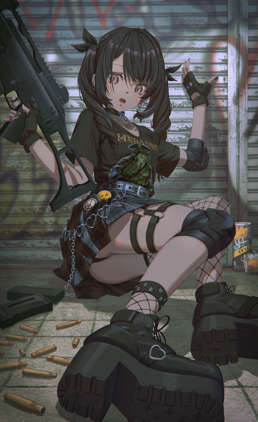 1girl, absurdres, arm_up, ass, assault_rifle, bangs, black_collar, black_footwear, black_gloves, black_hair, black_nails, black_panties, black_ribbon, black_shirt, brown_eyes, bullet_casing, can, clothes_writing, collar, commentary_request, elbow_pads, eyebrows_behind_hair, fingerless_gloves, fishnet_legwear, fishnets, gloves, grey_skirt, gun, h&amp;k_g36, hair_over_shoulder, hair_ribbon, hands_up, heart, highres, hironii_(hirofactory), holding, holding_gun, holding_weapon, knee_pads, long_hair, looking_at_viewer, magazine_(weapon), megadeth, nail_polish, open_mouth, original, panties, pien, plaid, plaid_skirt, platform_footwear, pleated_skirt, ribbon, rifle, sharp_teeth, shell_casing, shirt, shoe_soles, shoes, short_sleeves, single_elbow_pad, single_knee_pad, single_sock, single_thighhigh, skirt, socks, solo, strong_zero, teeth, thigh-highs, twintails, underwear, uneven_legwear, weapon, weapon_request