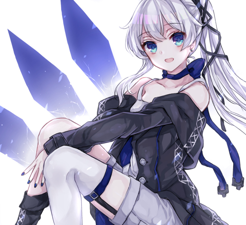 1girl, :d, bangs, black_footwear, black_jacket, blue_eyes, blue_nails, boots