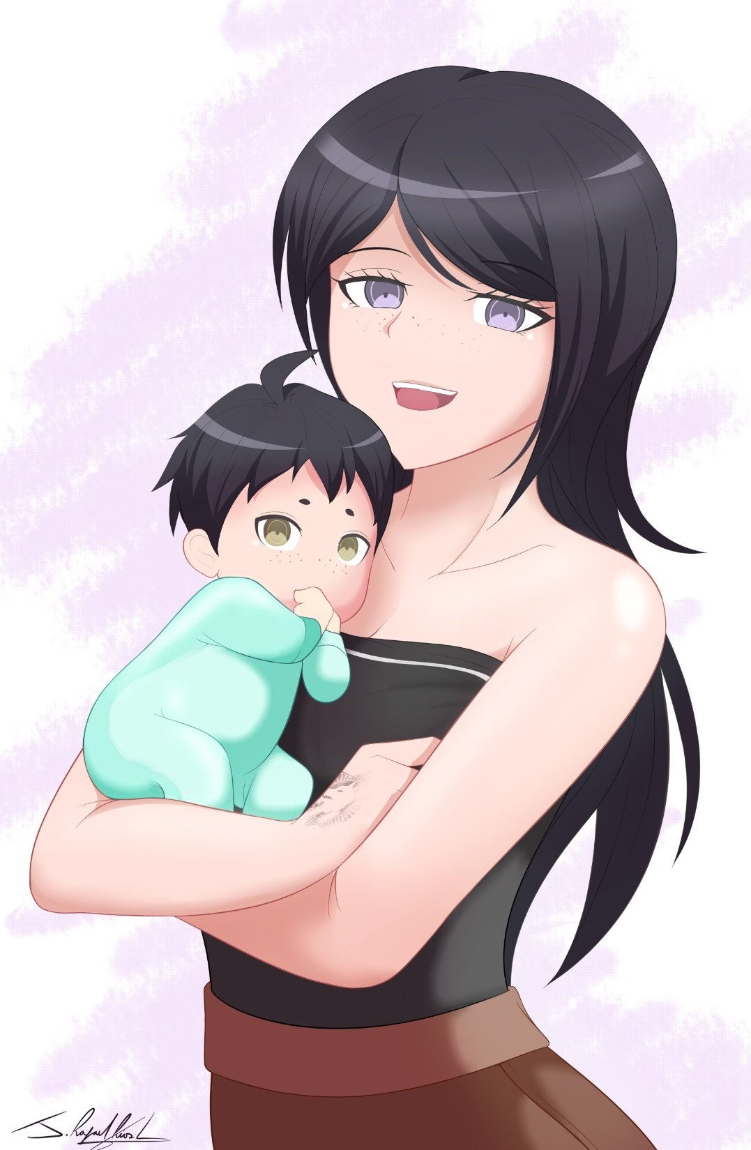 1boy, 1girl, ahoge, alternate_costume, alternate_hair_length, alternate_hairstyle, baby, bare_shoulders