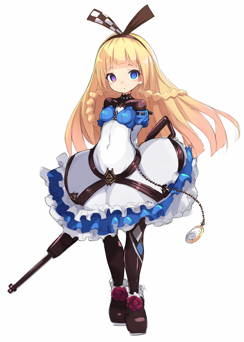 1girl, :o, alyce_(dohna_dohna), apron, bangs, blonde_hair, blue_dress, blue_eyes