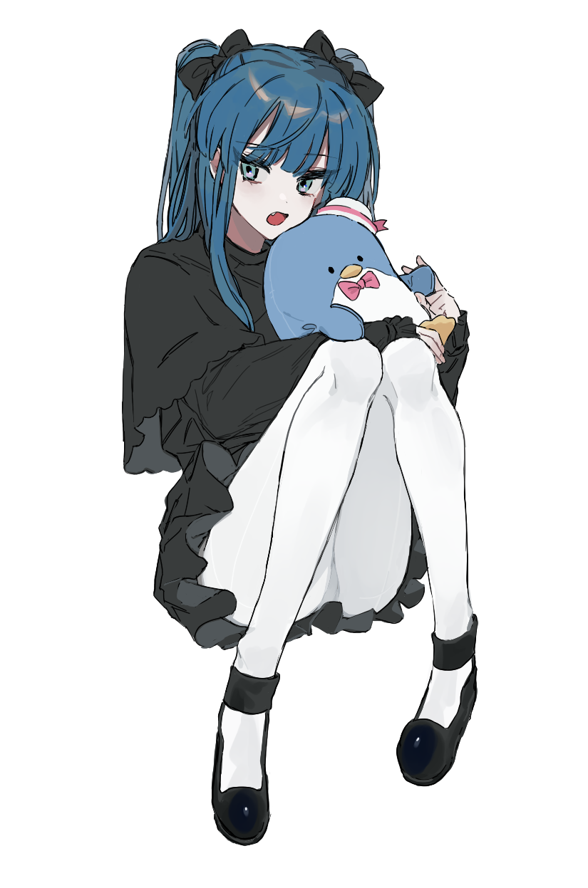 0mot, 1girl, aqua_eyes, bangs, black_bow, black_dress, black_footwear, blue_hair