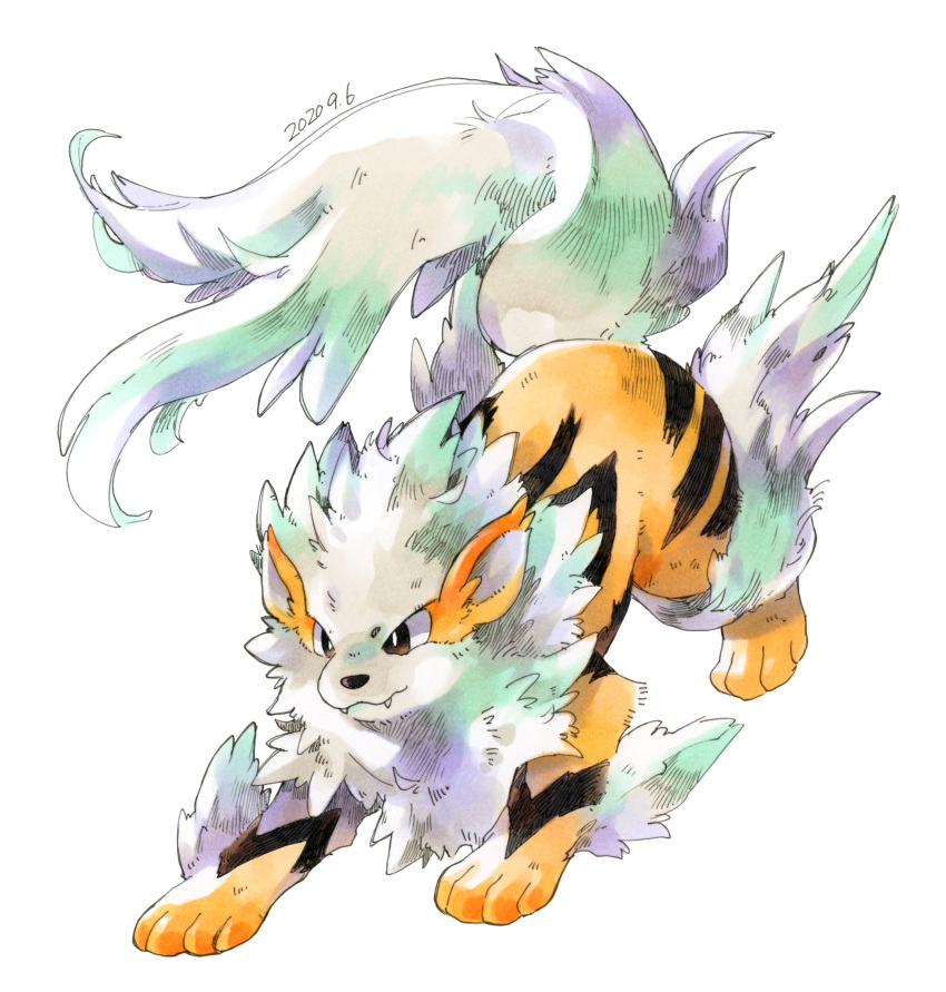 absurdres, arcanine, bright_pupils, brown_eyes, closed_mouth, commentary_request, fangs, fangs_out