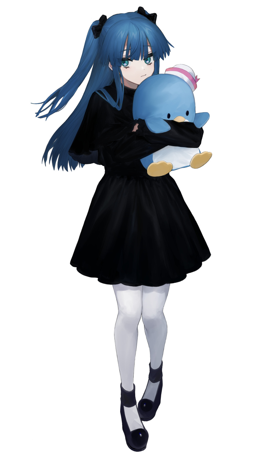 0mot, 1girl, absurdres, bangs, black_bow, black_dress, black_footwear, blue_eyes, blue_hair, bow, closed_mouth, commentary_request, dress, earmuffs, eyes_visible_through_hair, full_body, hair_bow, highres, holding, holding_stuffed_toy, long_hair, looking_at_viewer, object_hug, original, pantyhose, sanrio, simple_background, sleeves_past_wrists, solo, standing, stuffed_animal, stuffed_penguin, stuffed_toy, tuxedo_sam, two_side_up, white_background, white_legwear