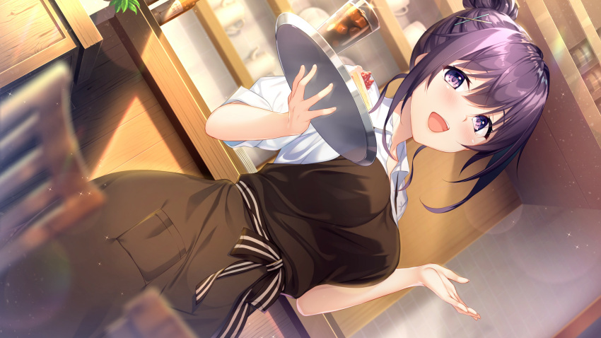 1girl, apron, ayase_hazuki, bangs, black_apron, black_eyes, black_hair, breasts