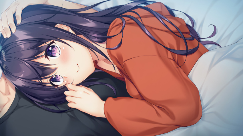 1boy, 1girl, ayase_hazuki, bangs, bed, bedroom, black_eyes, black_hair
