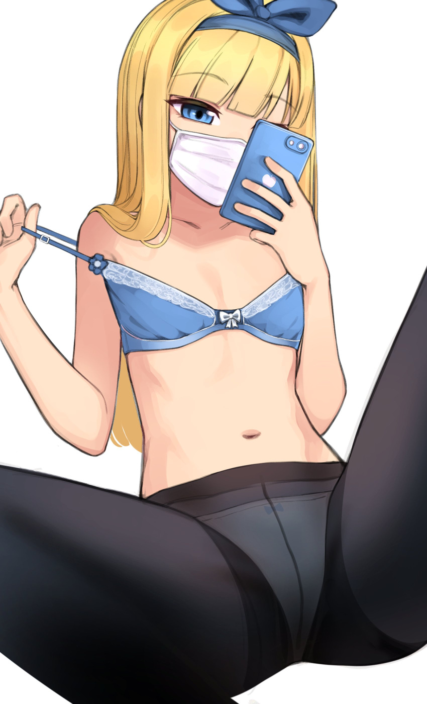 1girl, absurdres, bangs, black_legwear, blonde_hair, blue_bra, blunt_bangs, borrowed_character