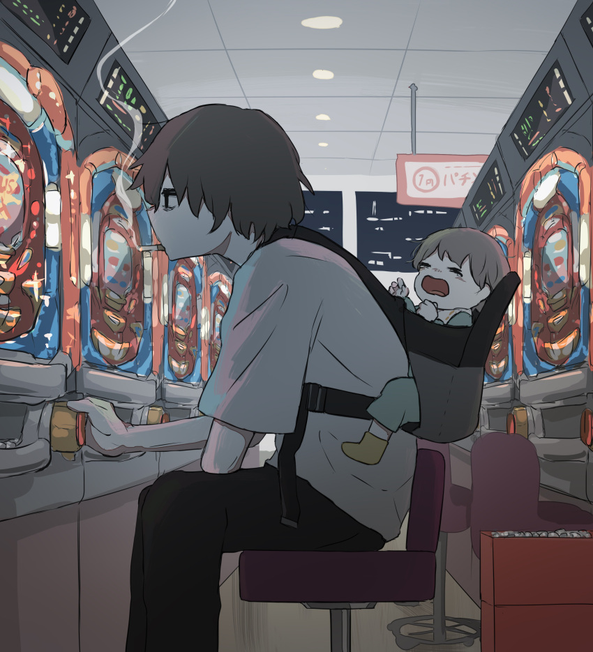 absurdres, avogado6, baby, baby_carrier, bags_under_eyes, black_eyes, black_pants, brown_hair