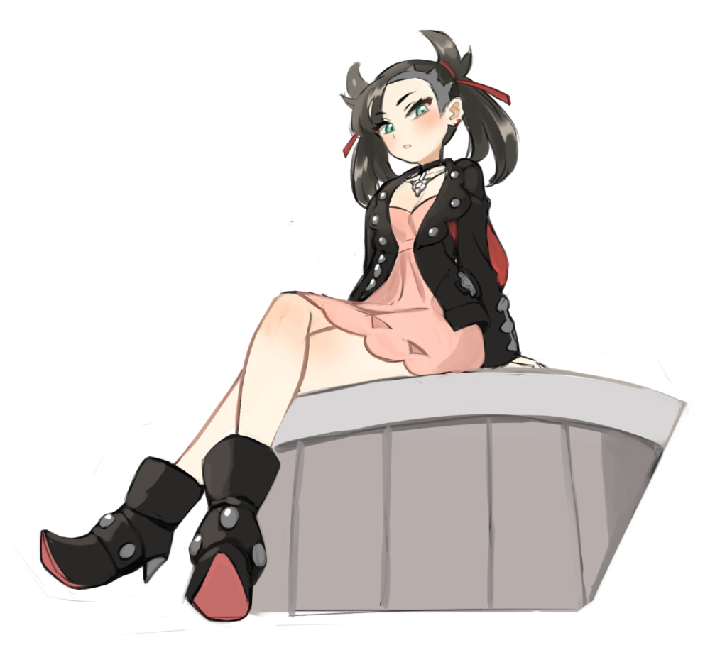 1girl, ankle_boots, arm_support, asymmetrical_bangs, backpack, bag, bangs, banned_artist