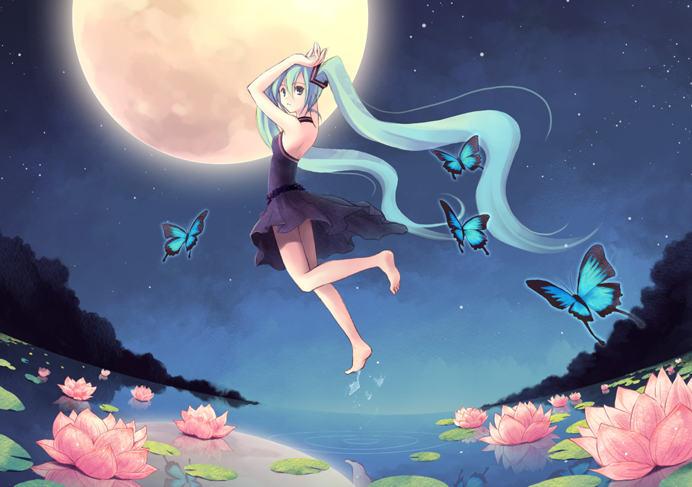 aqua_eyes, aqua_hair, barefoot, butterfly, dress, feet, full_moon, hatsune_miku