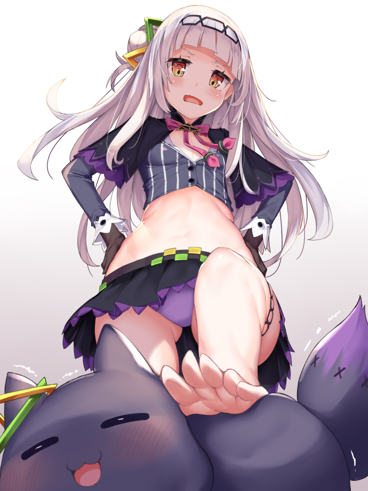 1girl, ass_visible_through_thighs, bangs, bare_legs, barefoot, black_capelet, black_gloves, black_hairband