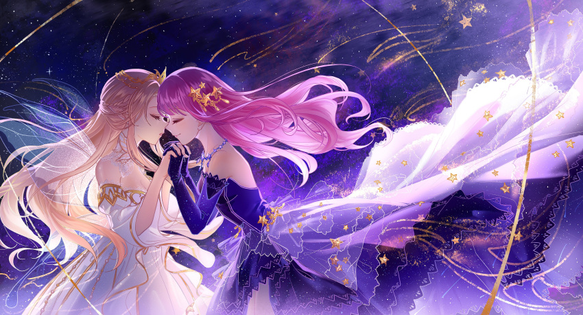 2girls, absurdres, bangs, blonde_hair, blunt_bangs, braid, closed_eyes, confeitoo, crown, dress, elbow_gloves, elf, fairy, fairy_wings, floating_hair, formal, galaxy, gloves, gold_trim, gown, hair_ornament, highres, holding_hands, huge_filesize, imminent_kiss, interlocked_fingers, jewelry, lace_trim, layered_dress, long_dress, long_hair, multiple_girls, necklace, nikki_(miracle_nikki), noses_touching, off-shoulder_dress, off_shoulder, ophelia_(shining_nikki), pink_hair, pointy_ears, purple_background, purple_dress, purple_gloves, purple_sky, shining_nikki, shirt, shooting_star, sleeveless, sleeveless_shirt, smile, space, star_(sky), star_(symbol), star_hair_ornament, star_ornament, starry_background, white_dress, wings, yuri