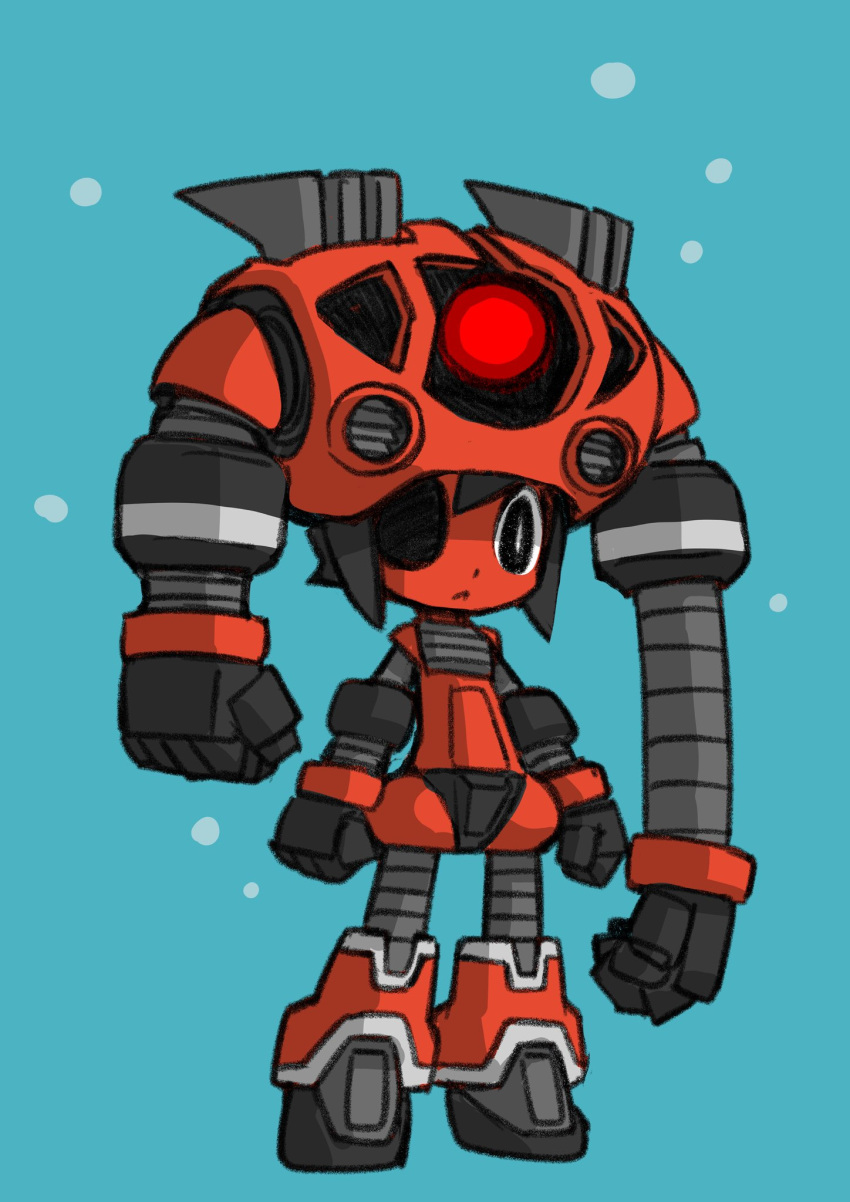 1girl, black_eyes, blue_background, clenched_hands, gundam, highres, humanoid_robot, izuna_yoshitsune
