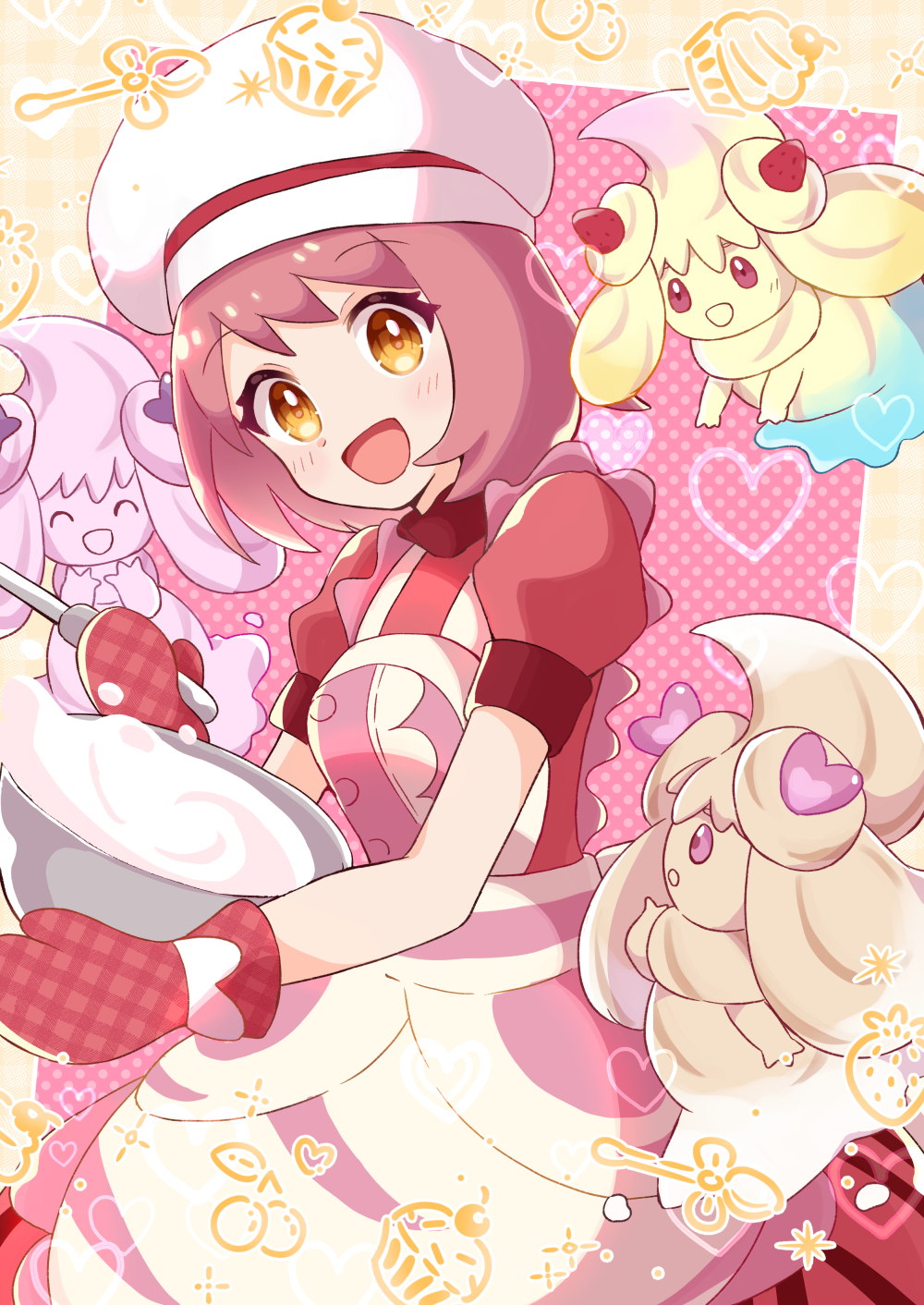 1girl, :d, alcremie, alcremie_(strawberry_sweet), alternate_hair_color, apron, bangs, blush, buttons, commentary_request, cosplay, hikari_(pokemon), hikari_(pokemon)_(cosplay), dress, eyelashes, gen_8_pokemon, gloria_(pokemon), hanezu_haru, hat, highres, holding, mittens, mixing_bowl, open_mouth, oven_mitts, pokemon, pokemon_(creature), pokemon_(game), pokemon_masters_ex, purple_hair, red_dress, red_mittens, short_sleeves, smile, tongue, white_headwear, yellow_eyes