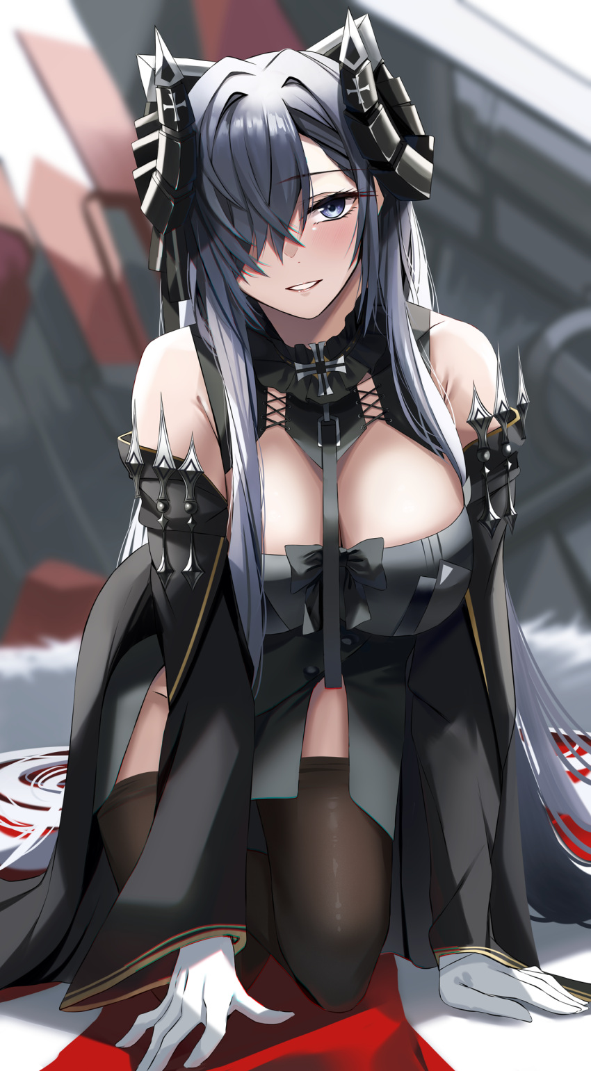 1girl, all_fours, august_von_parseval_(azur_lane), azur_lane, bangs, bare_shoulders, black_legwear, blurry