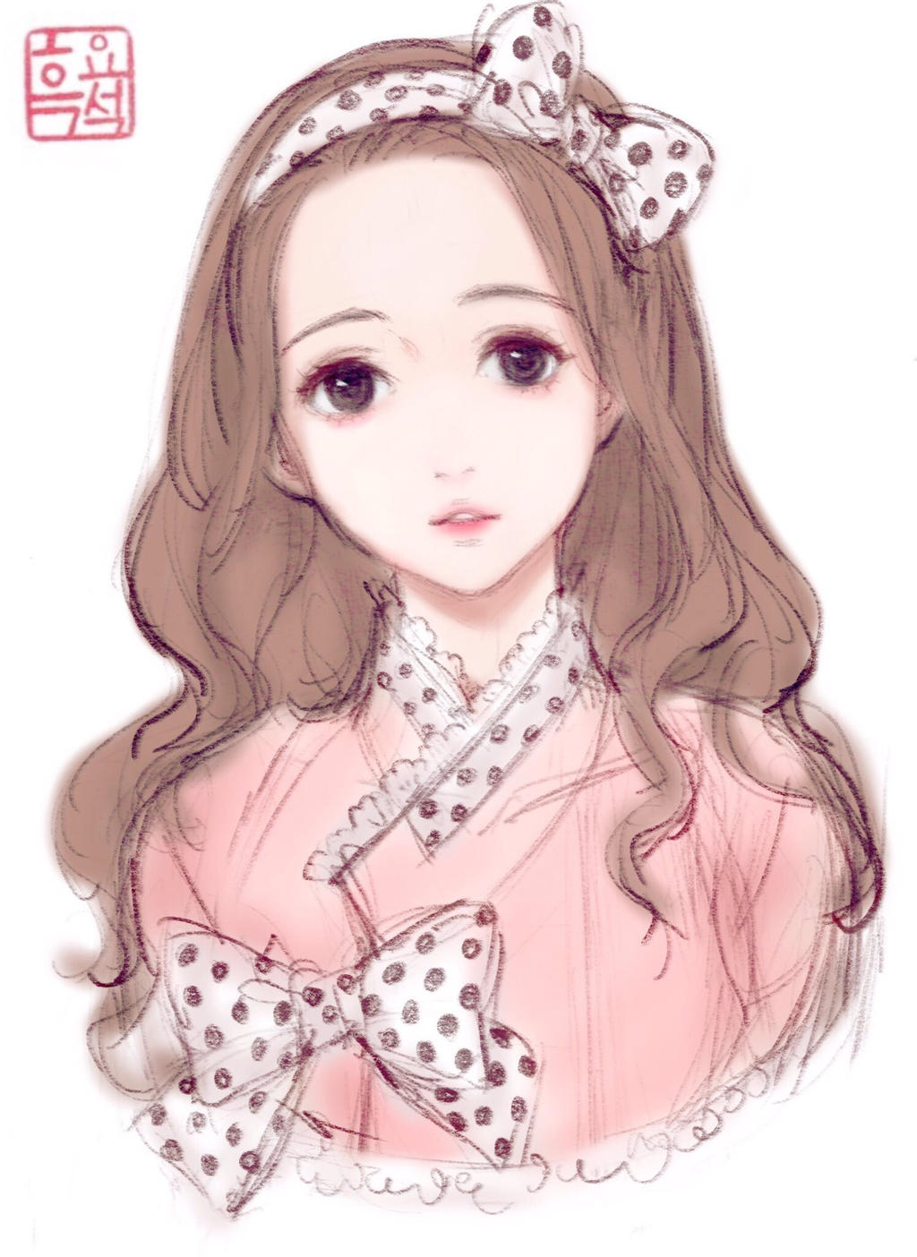 1girl, 2017, apple_pencil, black_eyes, bow, brown_hair, curly_hair, doodle, dress, forehead, hair_bow, hairband, highres, ipad, korean_clothes, korean_text, lace_trim, lolita_fashion, lolita_hairband, lolita_kimono, original, pink_dress, pink_lips, polka_dot, polka_dot_bow, polka_dot_trim, portrait, procreate_(medium), signature, sketch, solo, tablet_pc, test, upper_body, woohnayoung