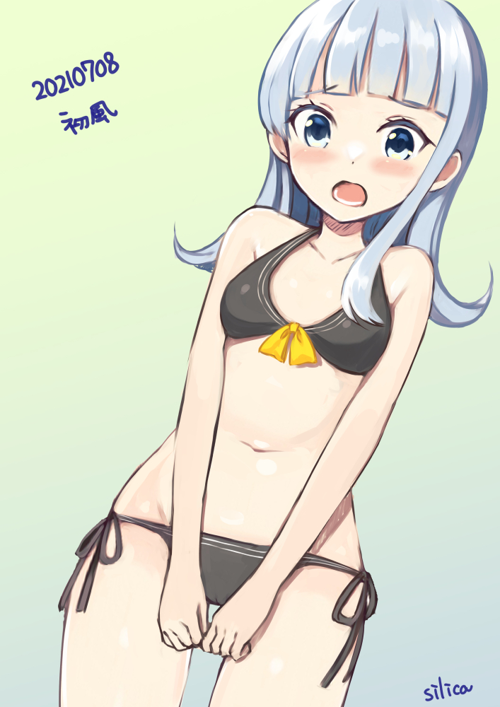 1girl, adapted_costume, artist_name, bangs, bikini, black_bikini, blue_eyes, blue_hair