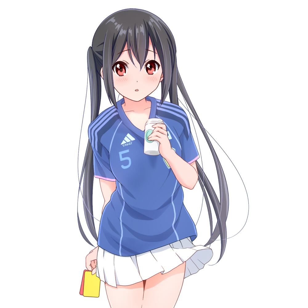 1girl, :o, arm_behind_back, bangs, black_hair, blue_shirt, blush, can