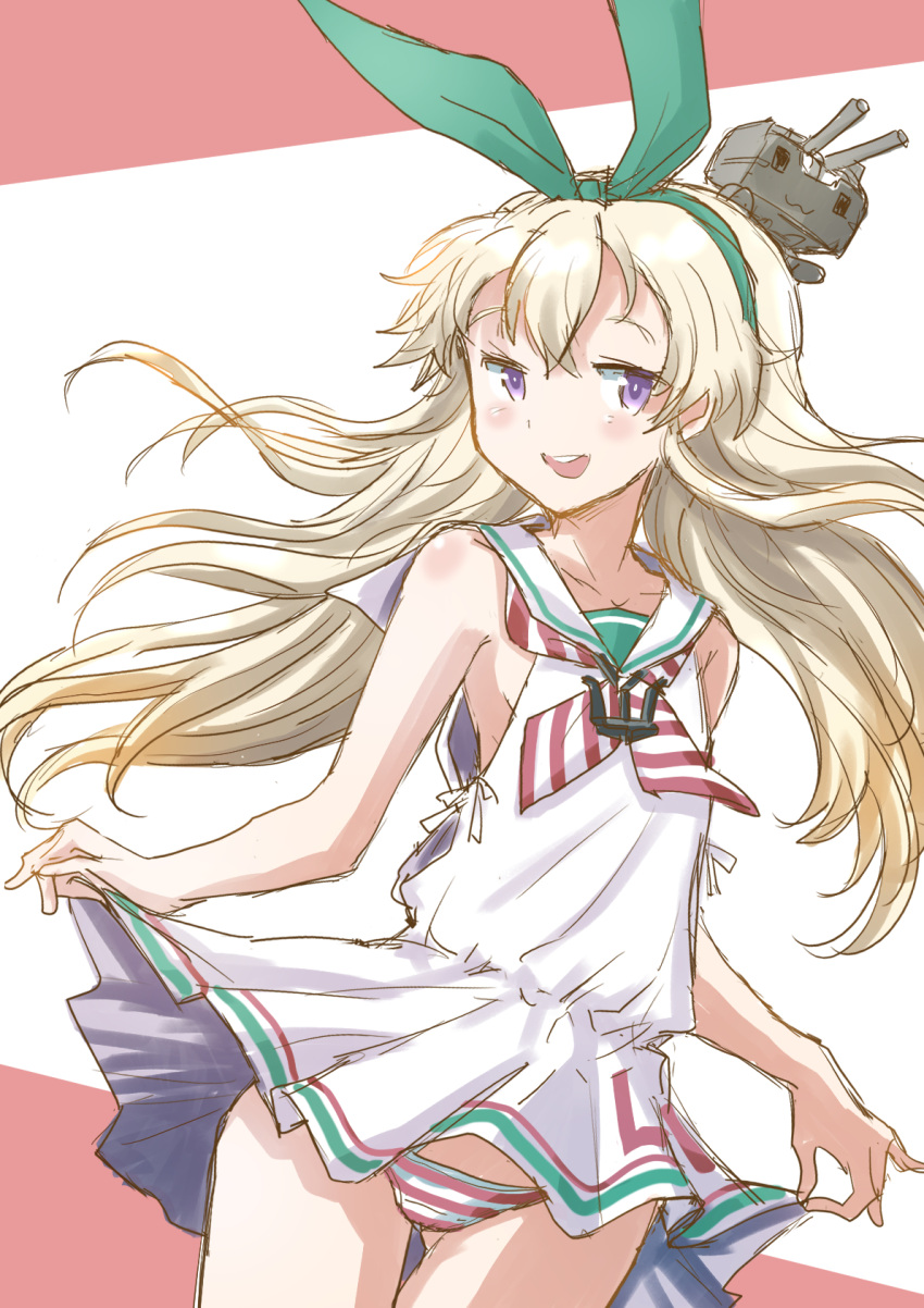 1girl, blonde_hair, clothes_writing, commentary_request, cosplay, cowboy_shot, dress, fuji_(pixiv24804665), green_hairband, grey_eyes, hairband, highres, kantai_collection, libeccio_(kancolle), libeccio_(kancolle)_(cosplay), long_hair, looking_at_viewer, neckerchief, panties, rensouhou-chan, sailor_collar, sailor_dress, shimakaze_(kancolle), side-tie_dress, sleeveless, sleeveless_dress, striped, striped_neckwear, striped_panties, two-tone_background, underwear, white_dress, white_sailor_collar