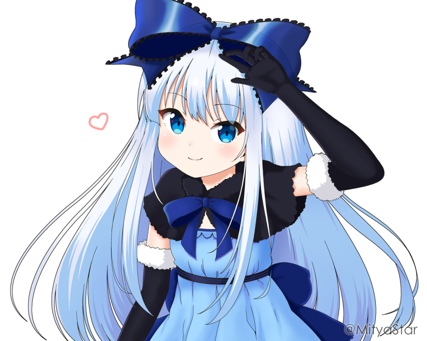 1girl, aizawa_rei, arm_up, bangs, black_capelet, black_gloves, blue_bow, blue_dress