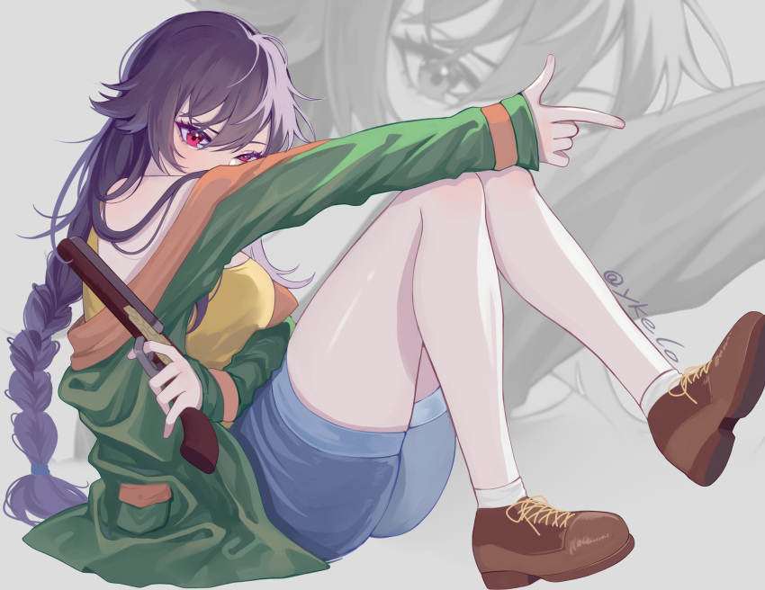 1girl, antique_firearm, bangs, blue_shorts, braid, braided_ponytail, brown_footwear, commentary_request