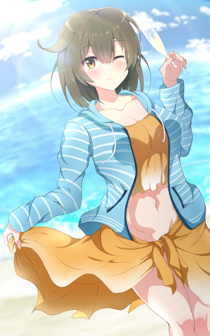 1girl, alternate_costume, blue_hoodie, blue_sky, breasts, brown_eyes, brown_hair, crop_top