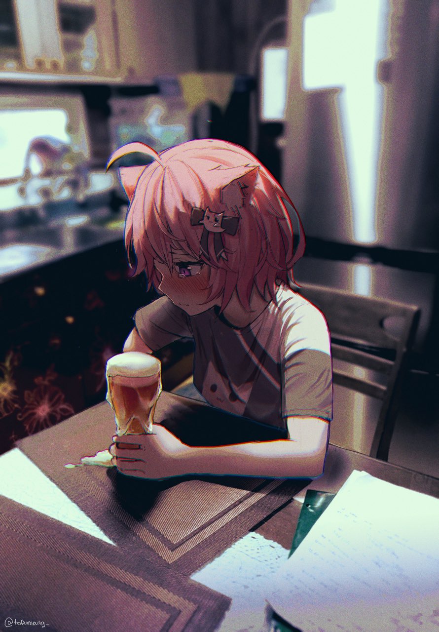 1girl, alcohol, animal_ears, beer, bob_cut, cat_ears, crying, depressed