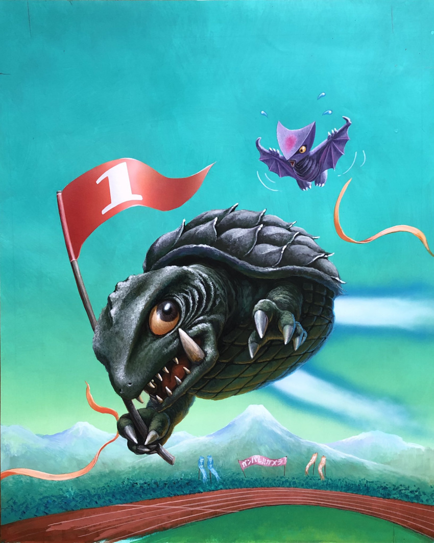 colored_sclera, flag, flying, gamera, gamera_(series), gyaos, highres, holding