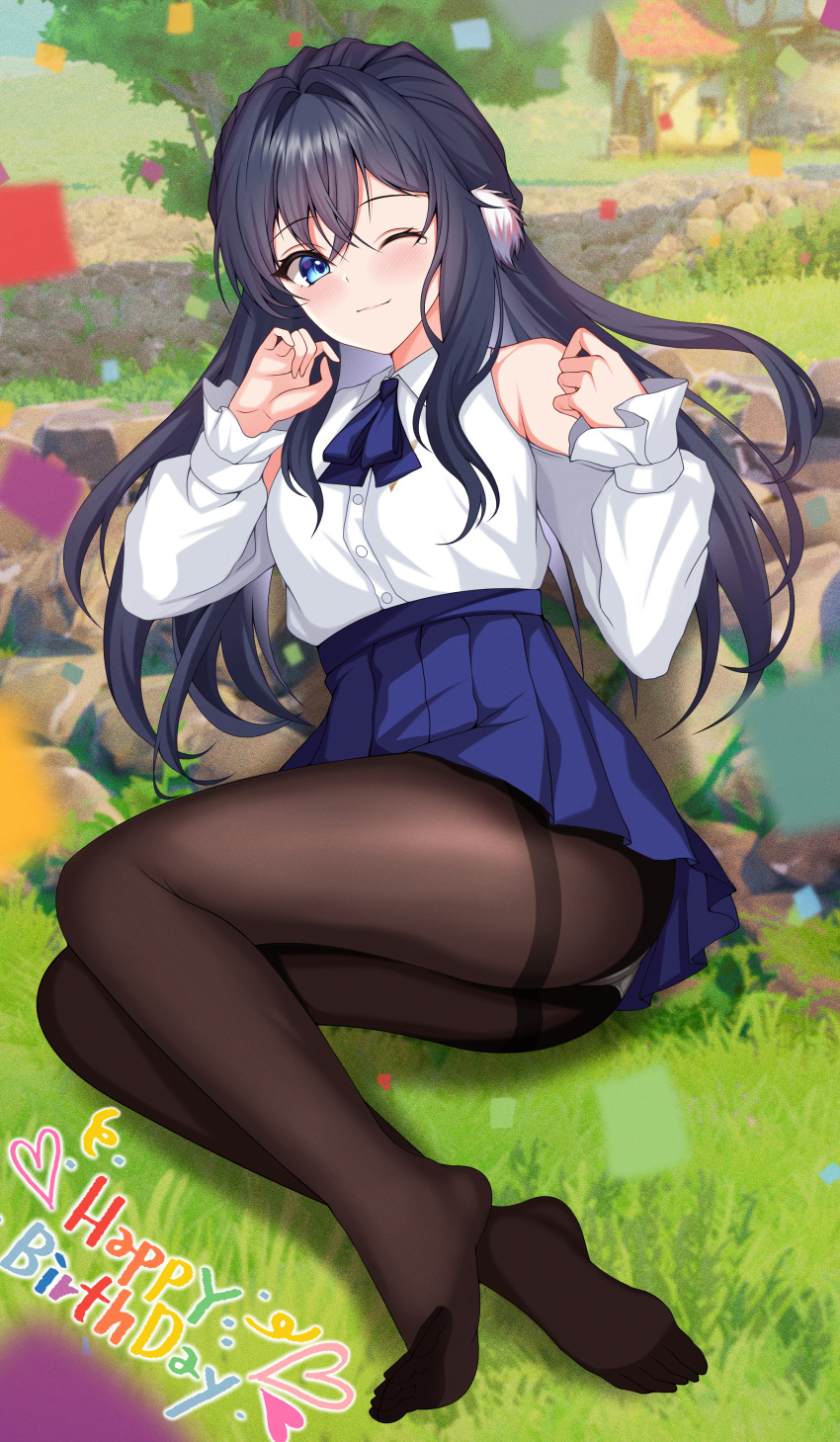 1girl, absurdres, arknights, astesia_(arknights), bare_shoulders, black_legwear, blue_eyes, blue_hair, blue_skirt, diamond-shaped_pupils, diamond_(shape), feet, full_body, hair_intakes, highres, huge_filesize, long_hair, long_sleeves, looking_at_viewer, no_shoes, one_eye_closed, pantyhose, shirt, skirt, soles, symbol-shaped_pupils, thigh-highs, white_shirt, wing228