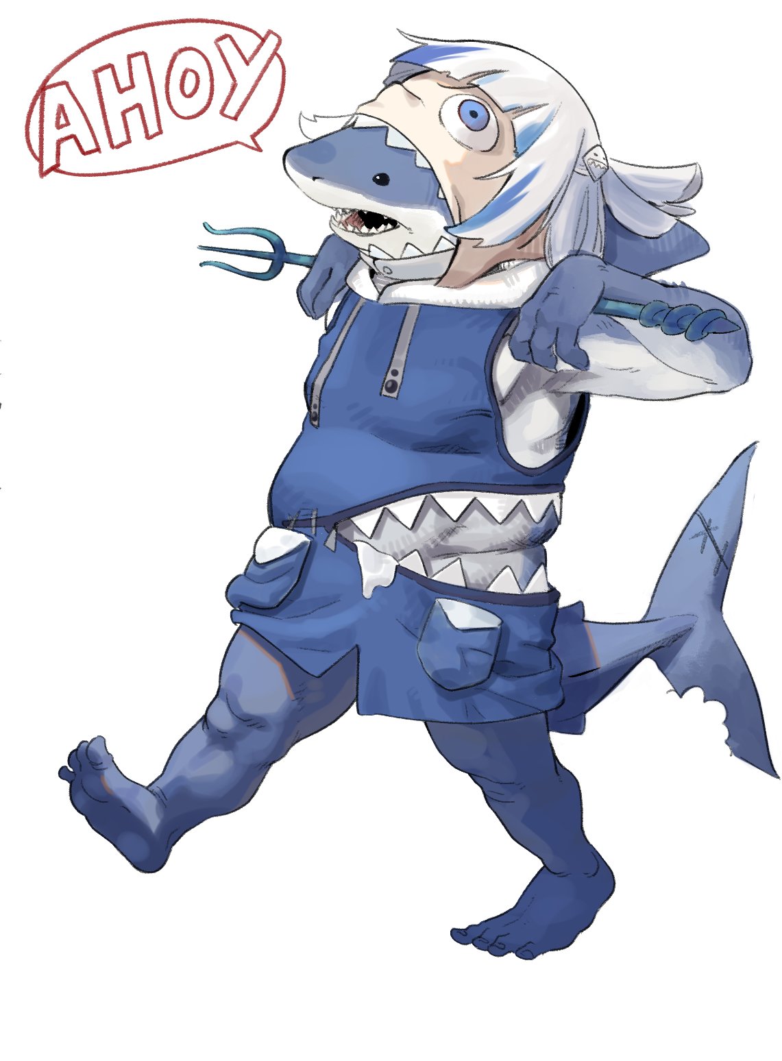 armpits, barefoot, bite_mark, blue_eyes, blue_hoodie, blue_skin, colored_skin, cosplay, costume, dugnul, english_text, fat, feet, fish_tail, full_body, gawr_gura, gawr_gura_(cosplay), hair_ornament, highres, holding, holding_polearm, holding_weapon, hololive, hololive_english, hood, hoodie, multicolored_hair, no_humans, open_mouth, polearm, shark, shark_hair_ornament, shark_tail, sharp_teeth, silver_hair, simple_background, sleeveless, sleeveless_hoodie, speech_bubble, streaked_hair, tail, teeth, toes, trident, walking, weapon, white_background