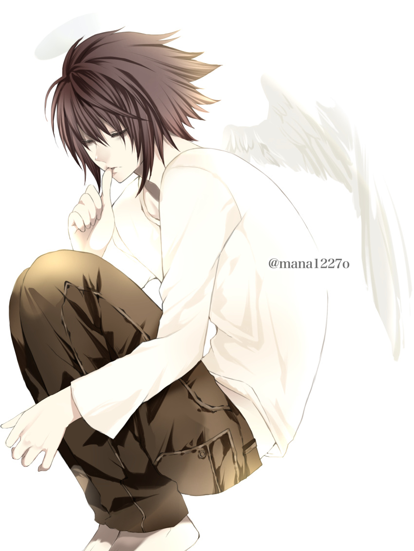 1boy, absurdres, angel_wings, bangs, black_hair, brown_pants, closed_eyes, death_note